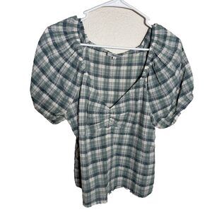 Madewell Blouse Women's Small Green Plaid Cottage Boho Puff Seersucker Top